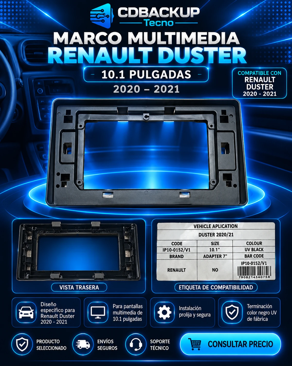 Marco Multimedia Renault Duster 2020-2021 10.1 Pulgadas Negro