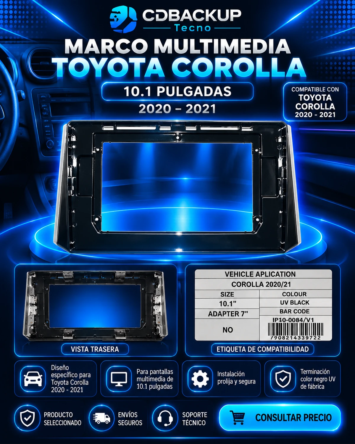 Marco Multimedia Toyota Corolla 2020-2021 10.1 Pulgadas Negro