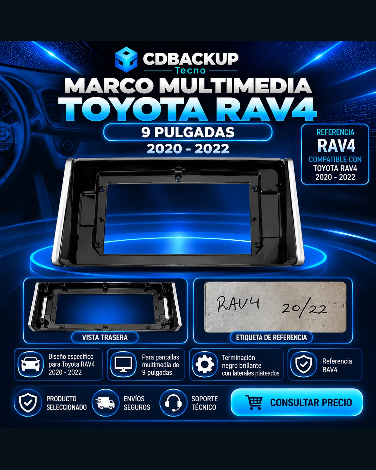 Marco Multimedia Toyota RAV4 2020-2022 Negro Brillante