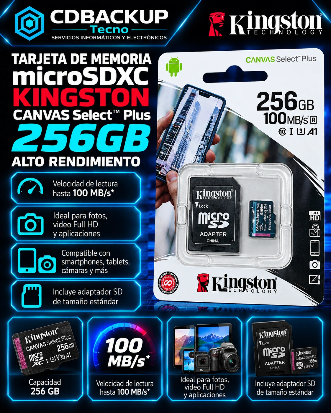 Memoria Kingston Canvas Select Plus 256GB microSDXC + Adaptador SD