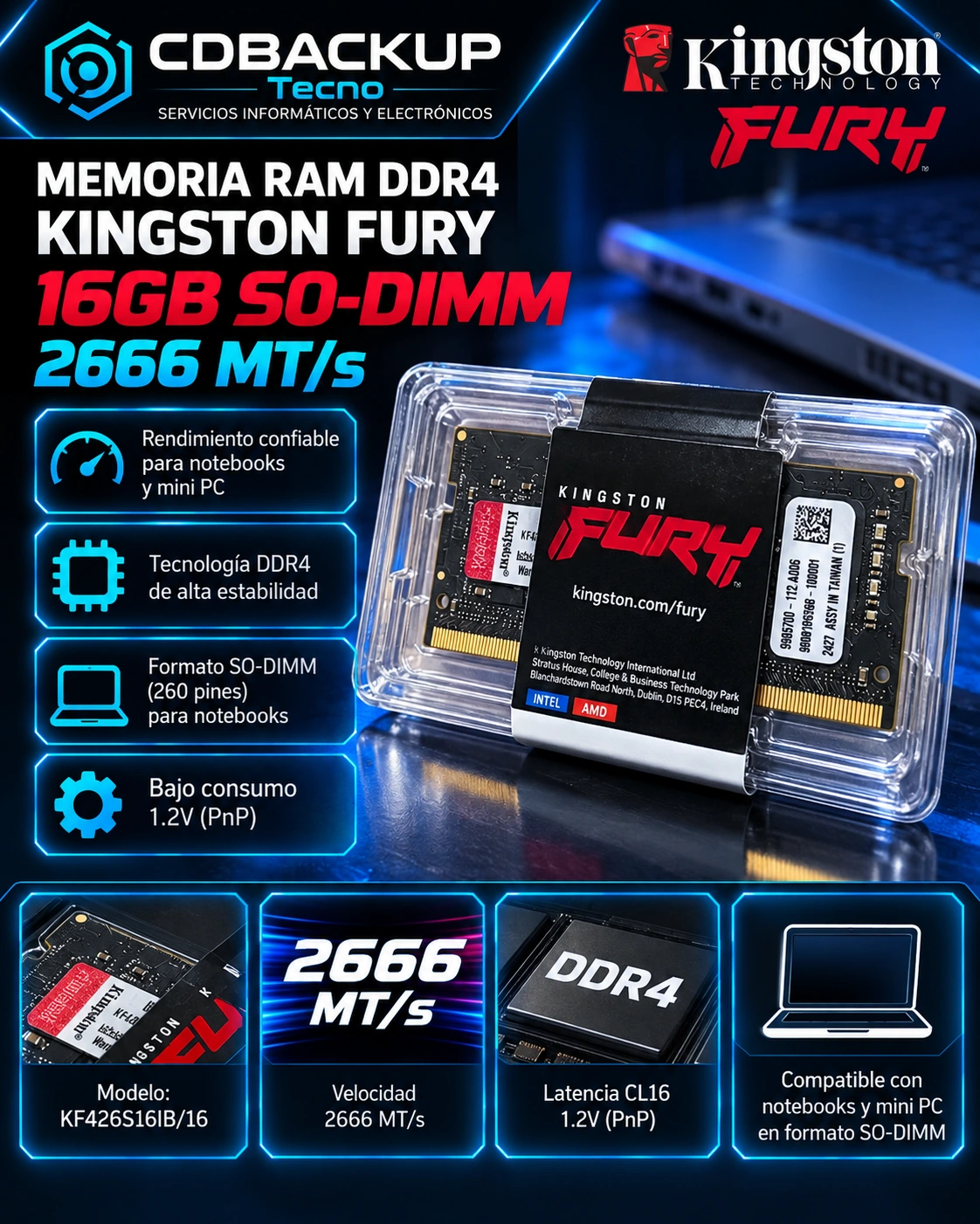 Memoria RAM Kingston FURY Impact 16GB DDR4 2666MHz SO-DIMM– Notebook