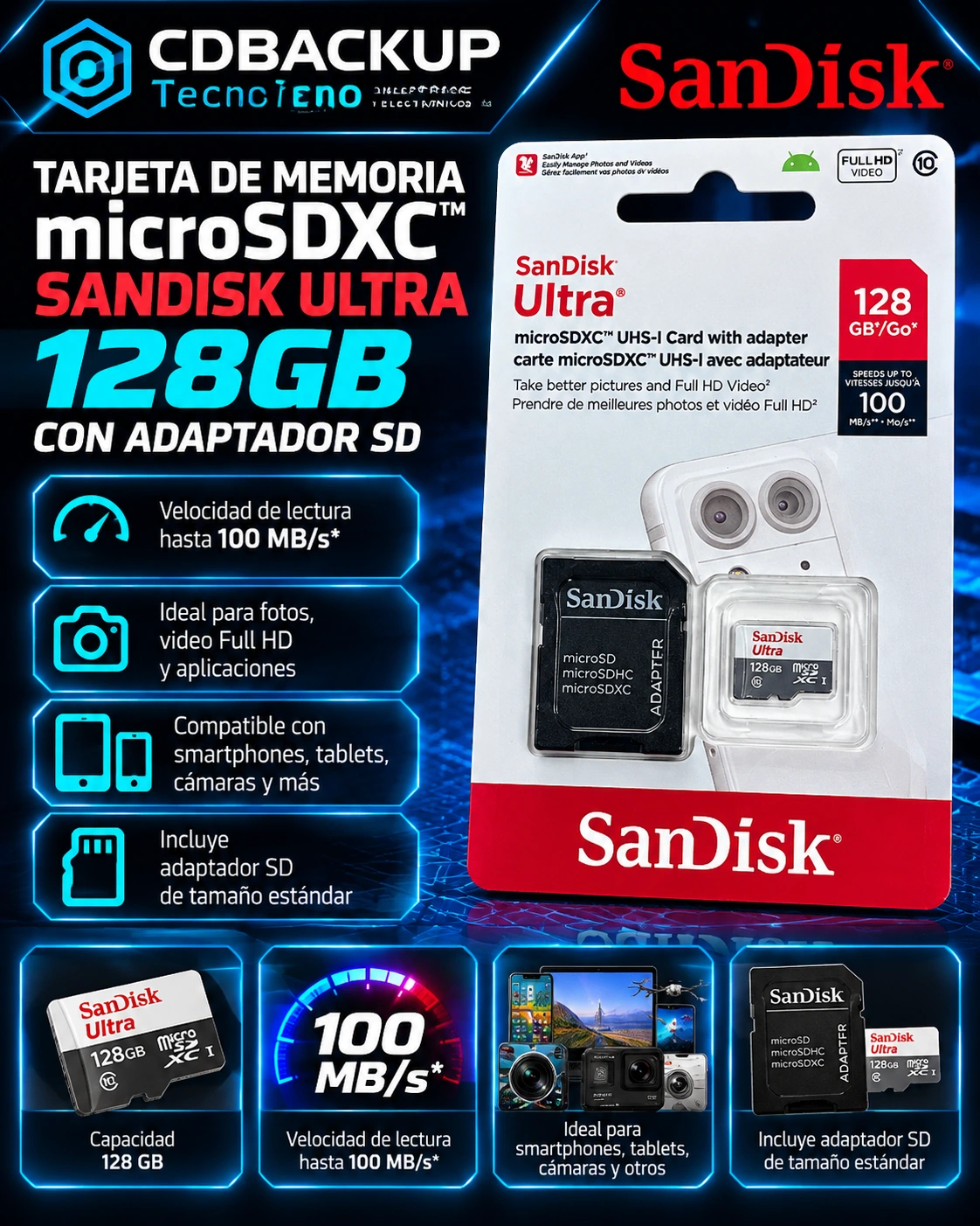 Memoria SanDisk Ultra 128GB microSDXC UHS-I Class 10 + Adaptador SD