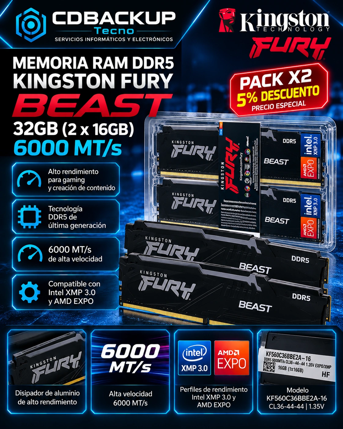 PACK 32GB Kingston FURY Beast DDR5 6000MHz – 2×16GB – 5% OFF