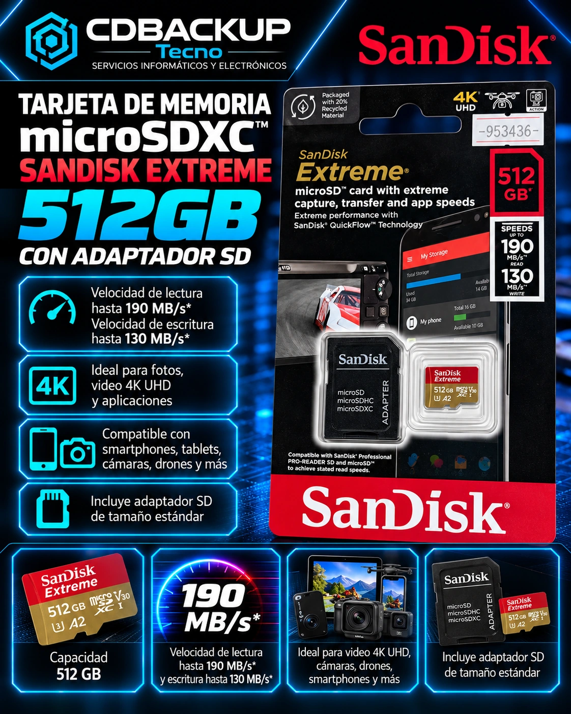 Tarjeta de Memoria SanDisk Extreme 512GB microSDXC 190MB/s – 4K UHD + Adaptador SD