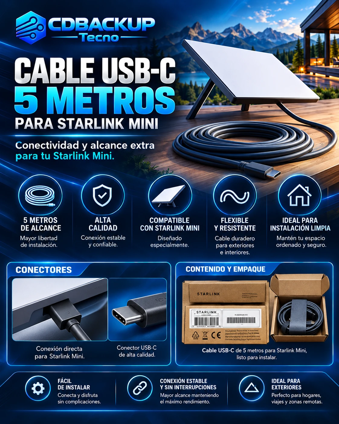 Cable USB-C 5 metros para Starlink Mini