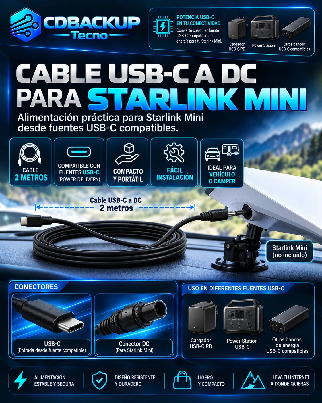 Cable USB-C a DC para Starlink Mini 2 m