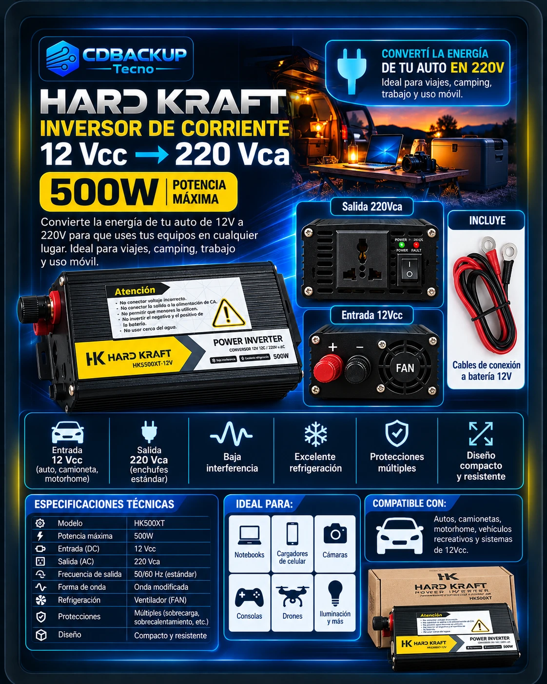Hard Kraft inversor 500W 12V → 220V