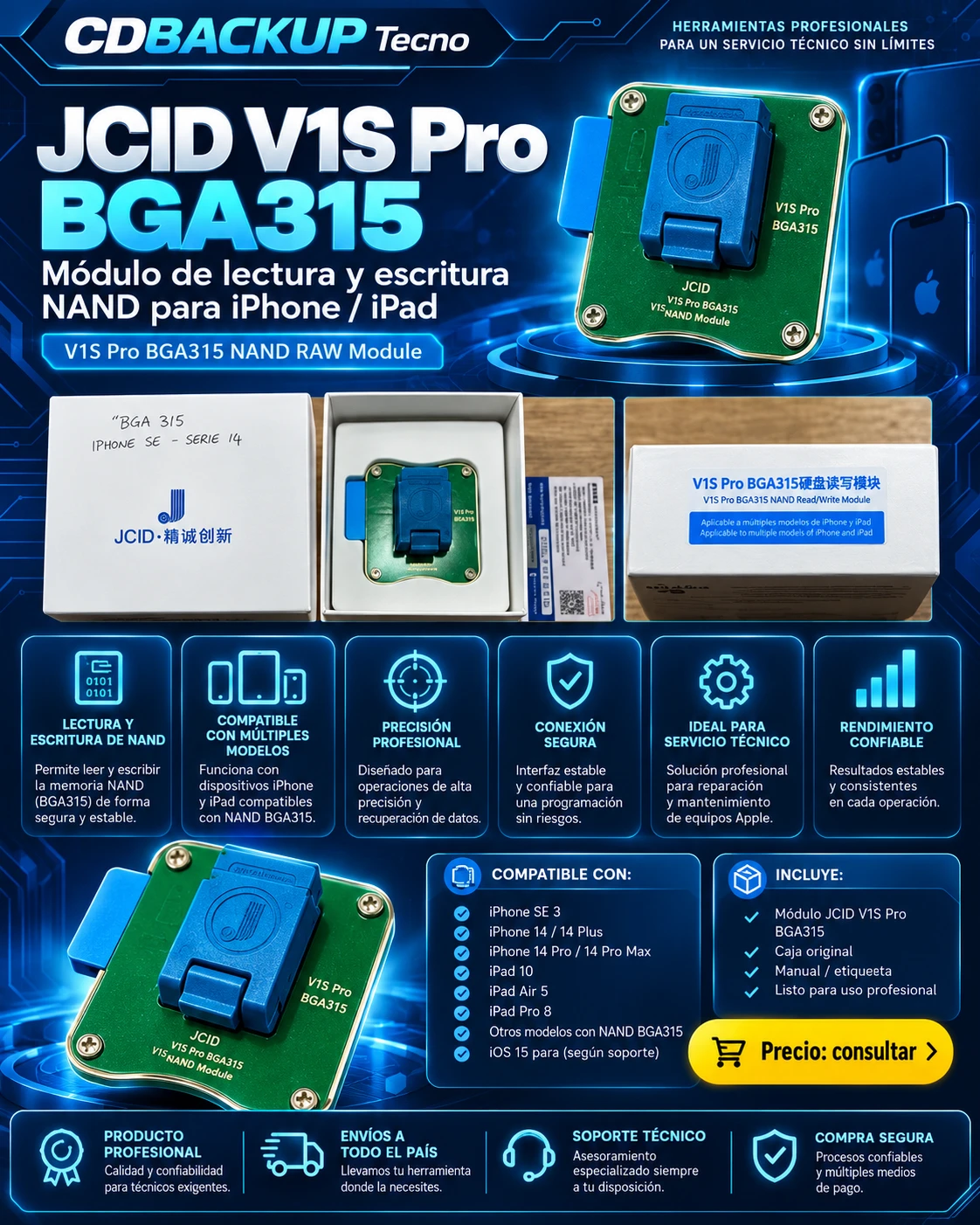 JCID V1S Pro BGA315 módulo NAND iPhone/iPad