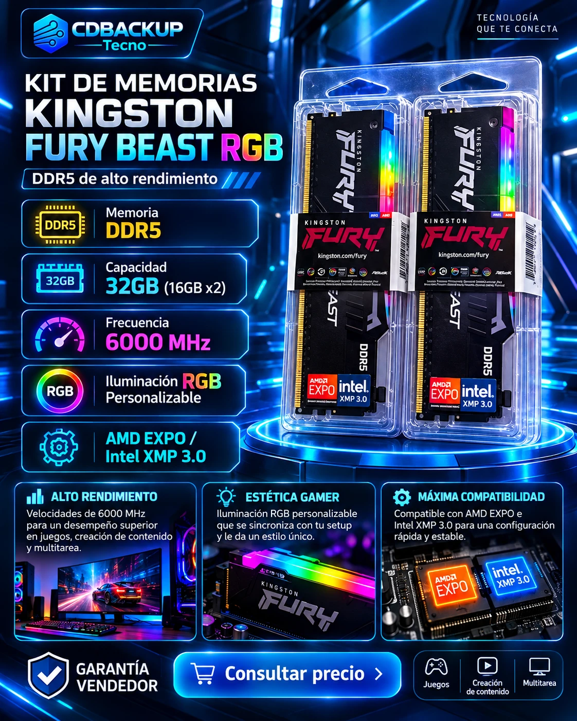RAM Kingston Fury Beast RGB DDR5 32 GB 6000