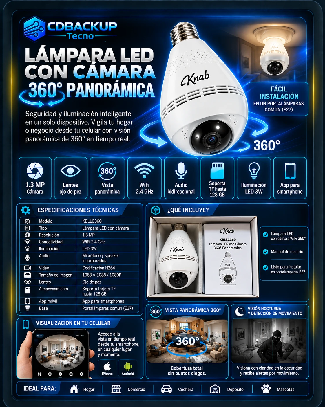 Knab lámpara LED con cámara 360° panorámica