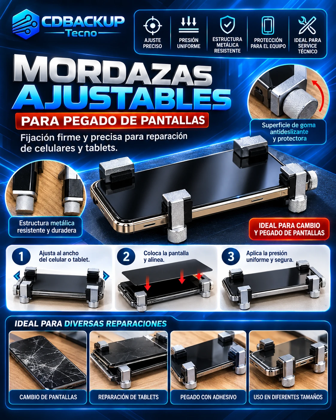 Mordazas ajustables para pegado de pantallas