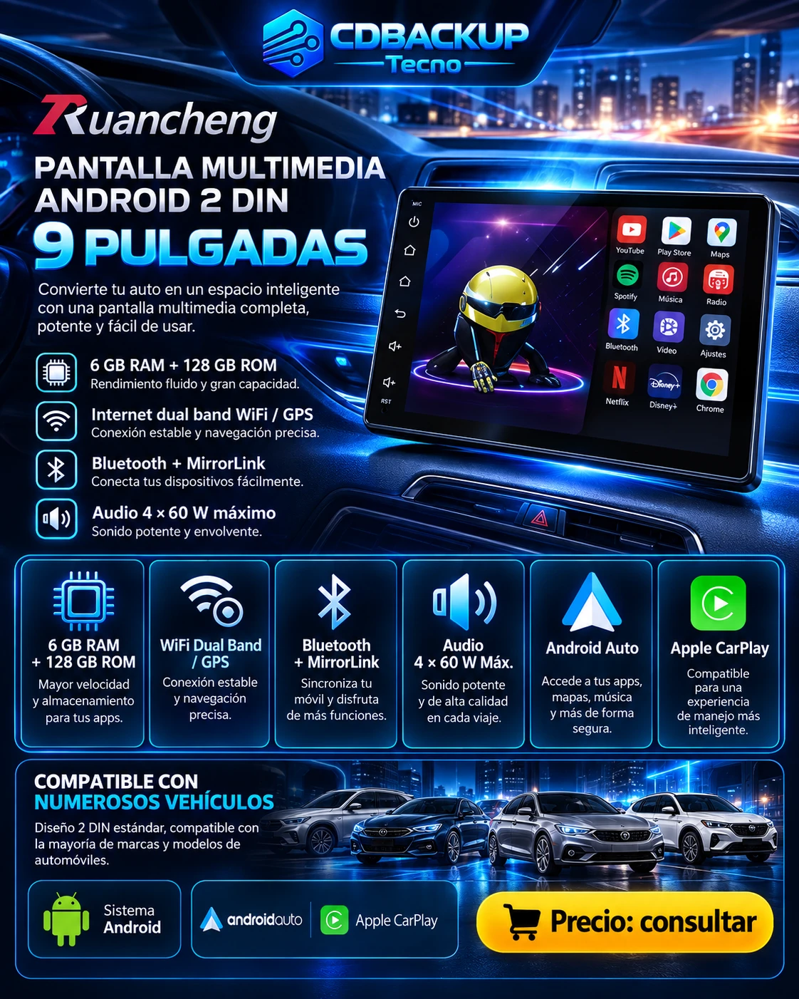 Pantalla multimedia Ruancheng 9 pulgadas