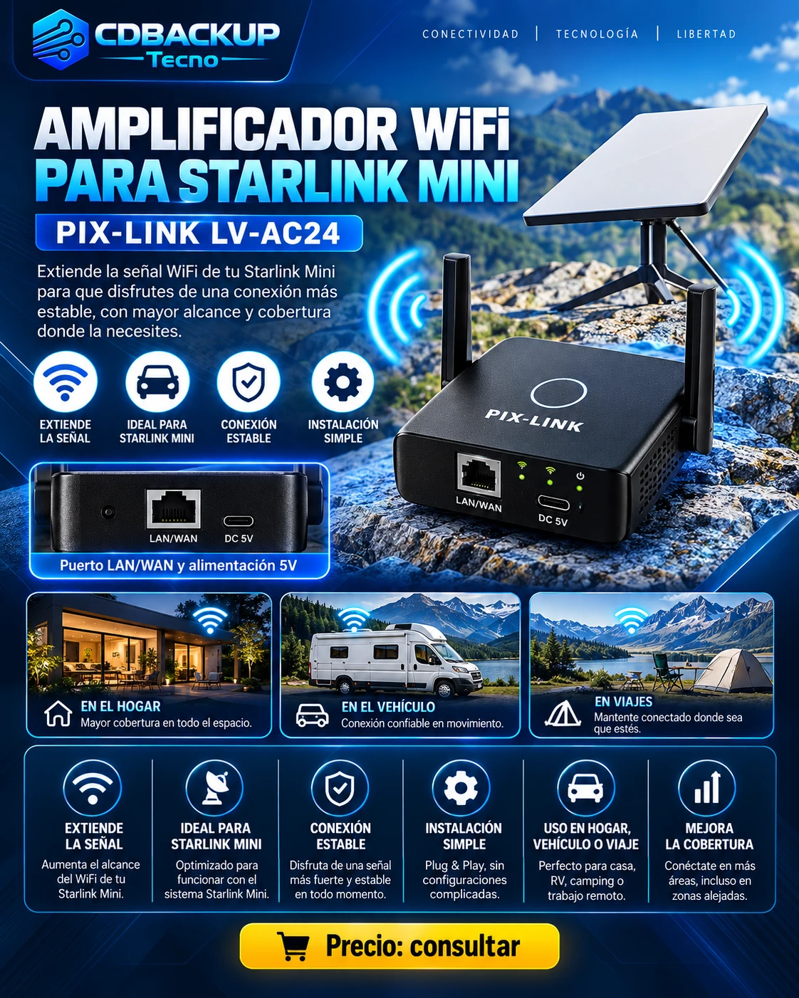 Pix-Link LV-AC24 amplificador WiFi para Starlink Mini